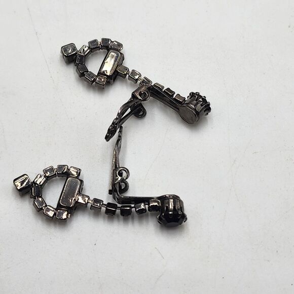 Vintage Horsebit Black Crystal Rhinestone Doorknocker Dangle Clip Earrings - Picture 8 of 9